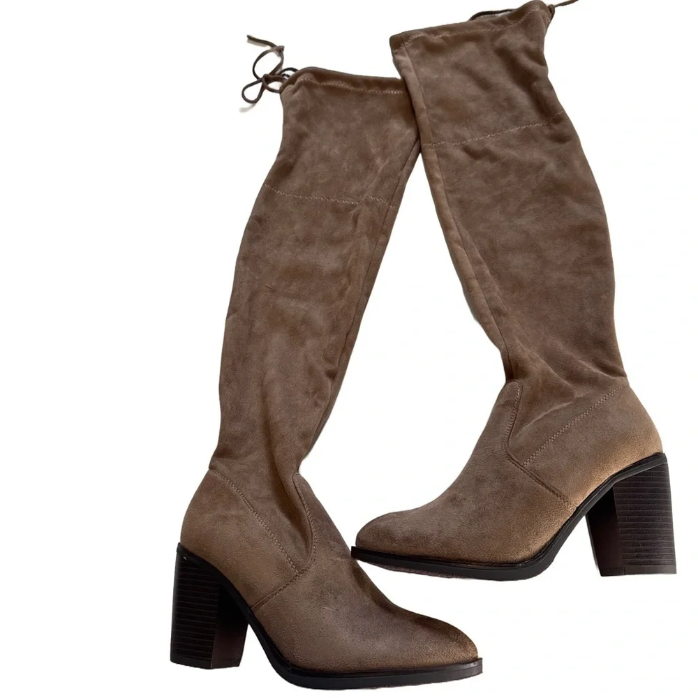 Forever Sock Boots Faux Suede 7.5 Taupe Over-the-Knee Fall Mobwife Chic Neutral